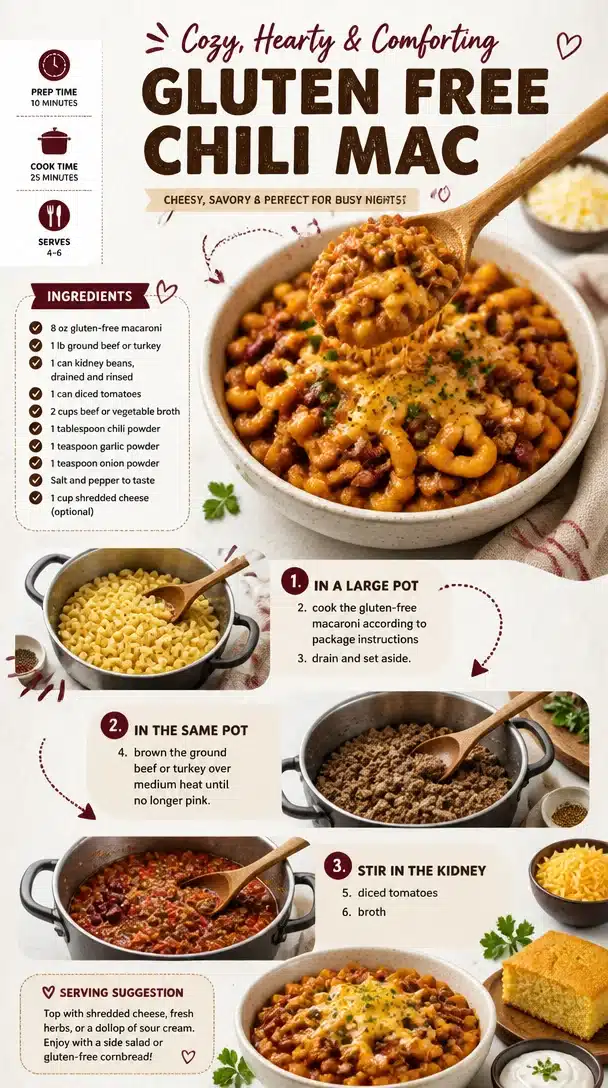 Delicious Gluten Free Chili Mac in a bowl garnished with cheese and herbs