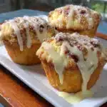 Gluten-free cream cheese frosted muffins on a wooden table