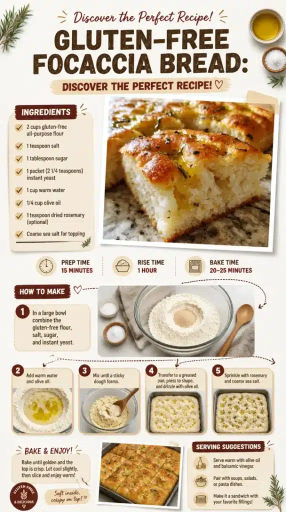 A freshly baked gluten-free focaccia bread topped with herbs and olive oil.