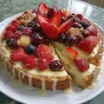 Gluten free fruit pizza topped with fresh fruits and a creamy base
