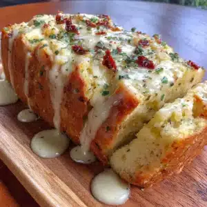 Freshly baked gluten free potato bread loaf on a wooden table.