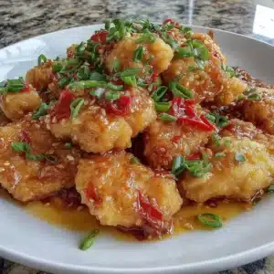 Gluten-free sweet and sour chicken served with colorful vegetables