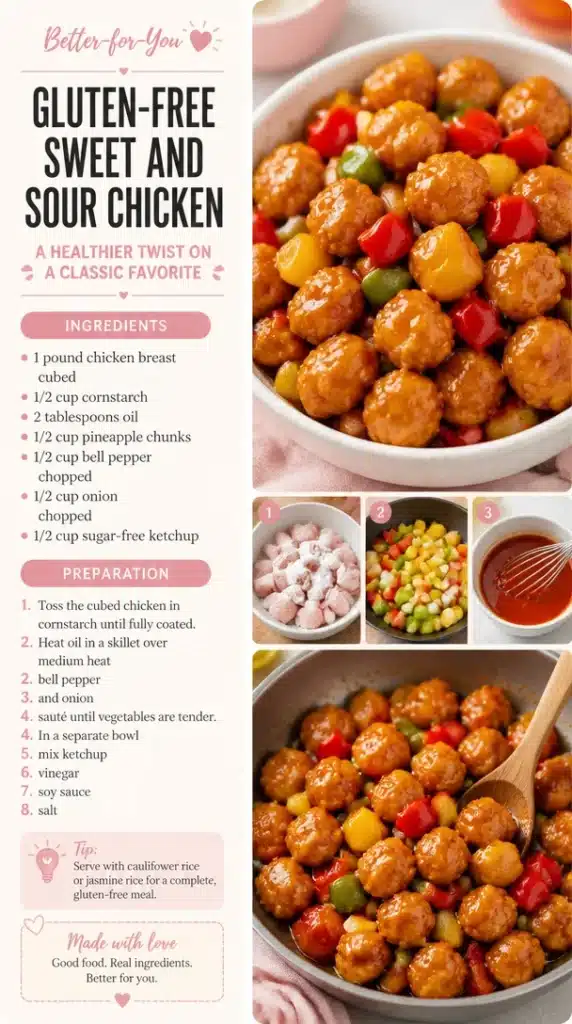 Delicious gluten-free sweet and sour chicken served with vibrant vegetables