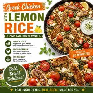 Plate of Greek Chicken served with lemon rice and fresh herbs