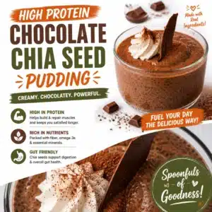 High Protein Chocolate Chia Seed Pudding topped with berries