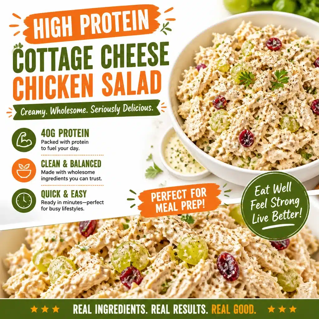 Delicious high protein cottage cheese chicken salad in a bowl