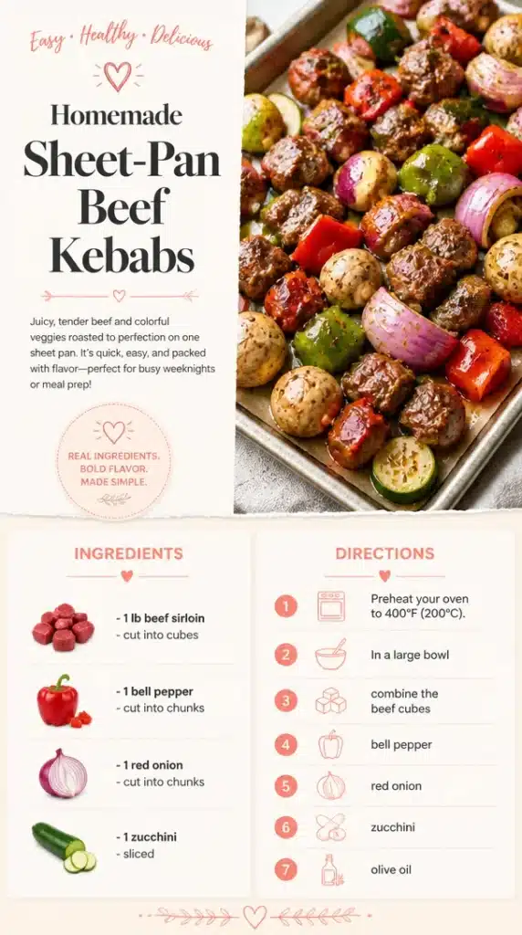Delicious homemade sheet-pan beef kebabs served with vibrant veggies