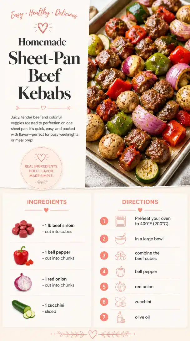 Delicious homemade sheet-pan beef kebabs served with vibrant veggies