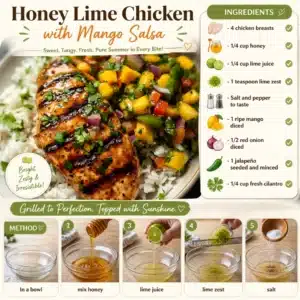 Honey Lime Chicken with Mango Salsa on a plate garnished with fresh herbs