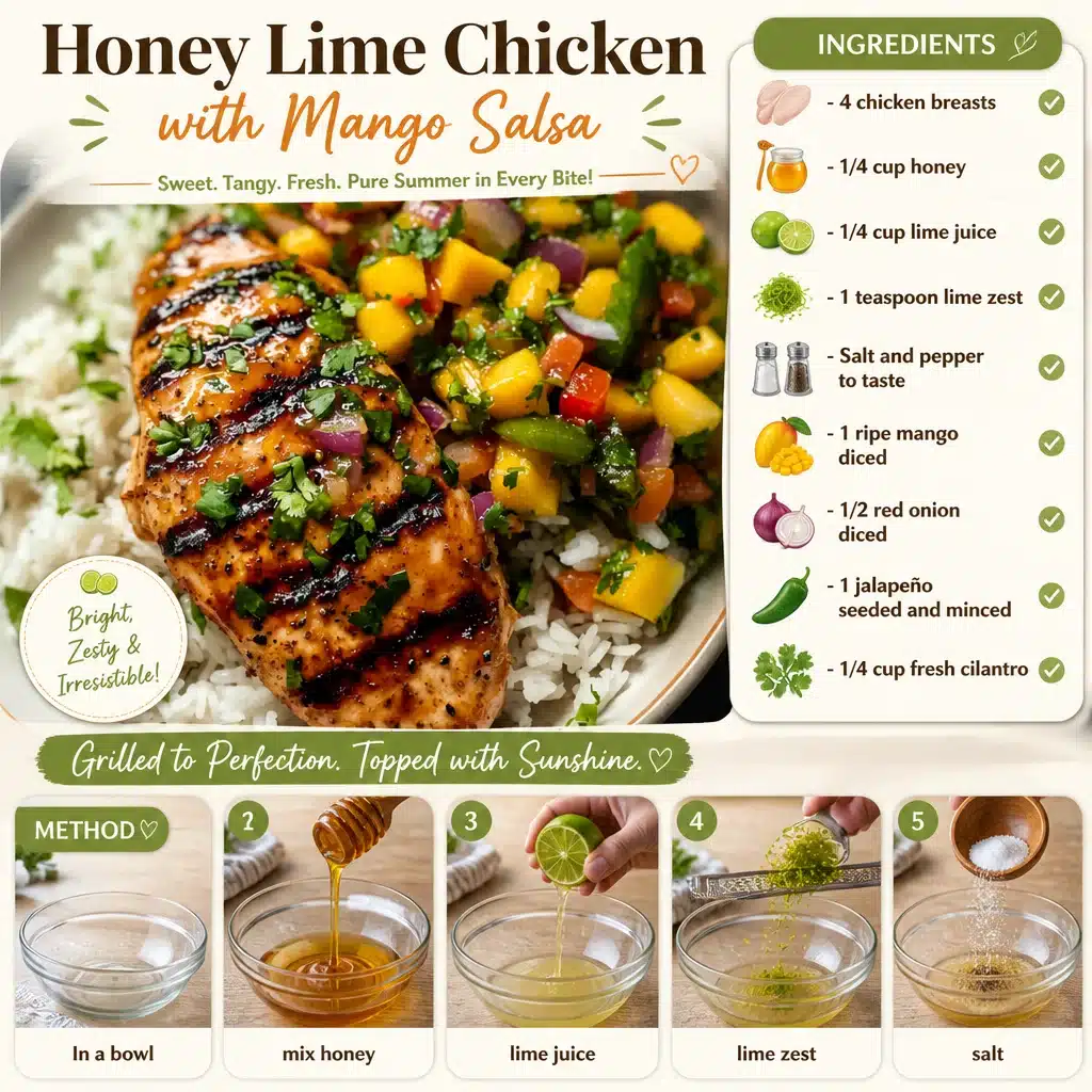 Honey Lime Chicken with Mango Salsa on a plate garnished with fresh herbs