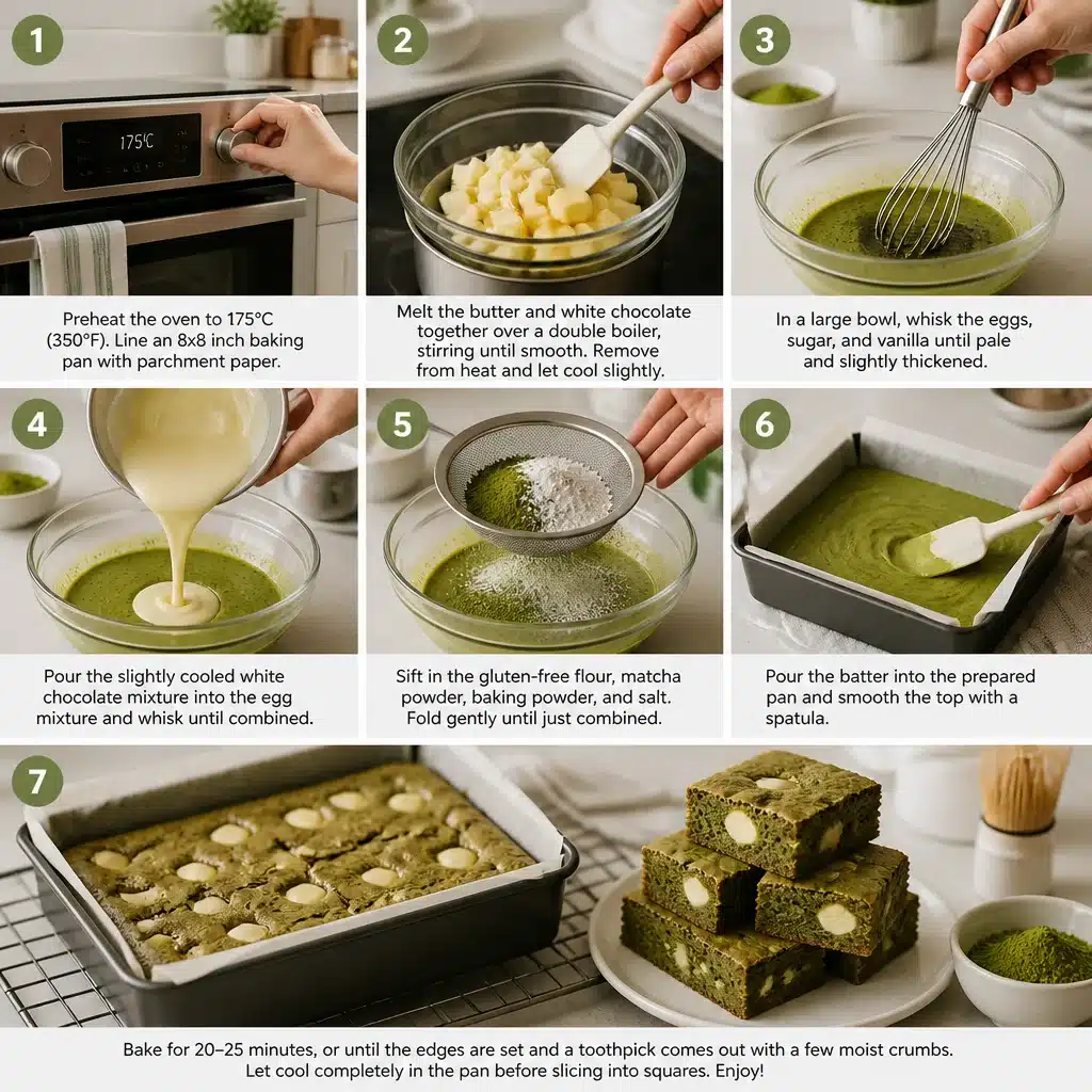 Irresistibly Chewy Gluten Free White Chocolate Matcha Brownies