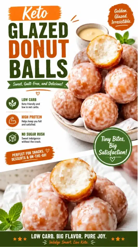 Delicious Keto Glazed Donut Balls topped with frosting, low-carb dessert