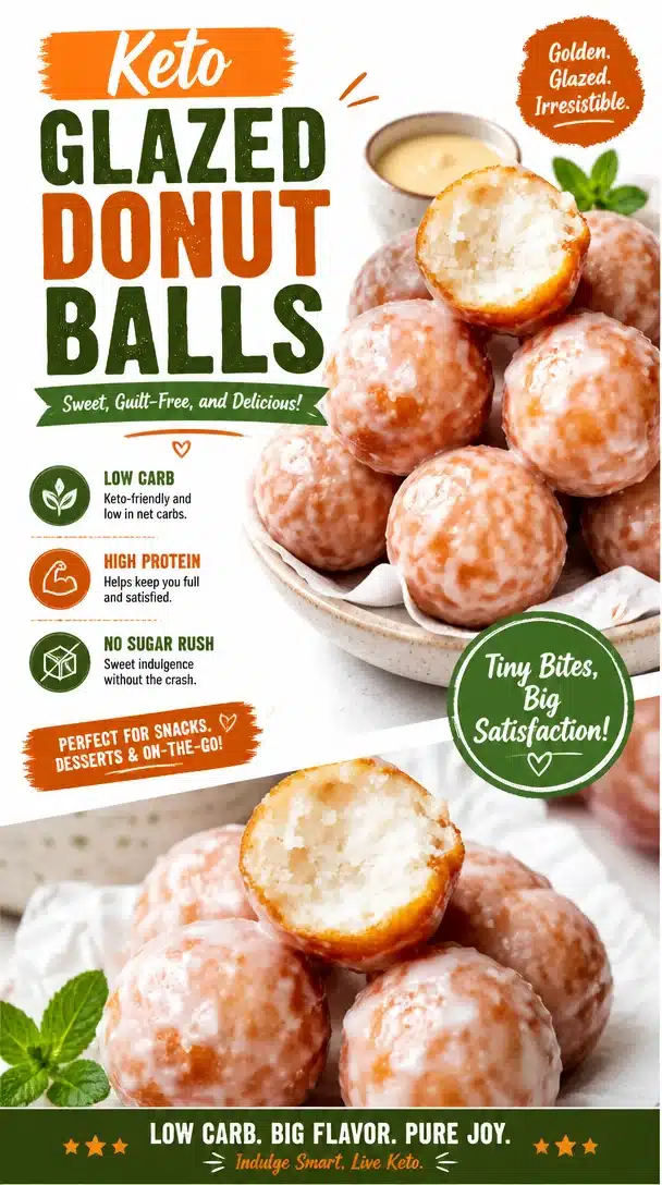 Delicious Keto Glazed Donut Balls topped with frosting, low-carb dessert