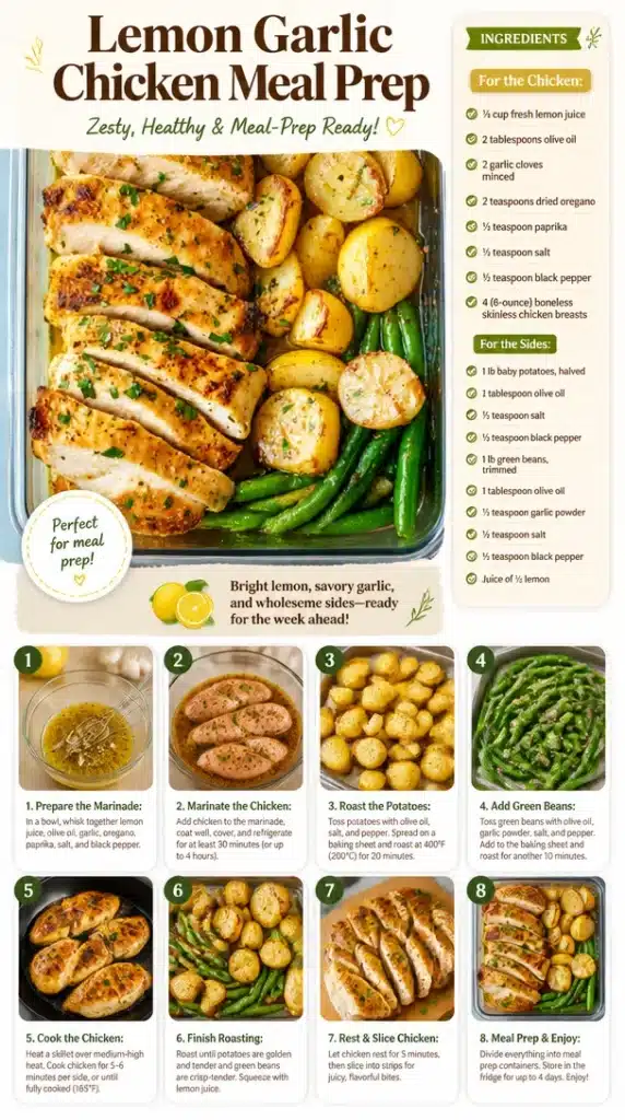 Lemon Garlic Chicken Meal Prep with vegetables in a meal container