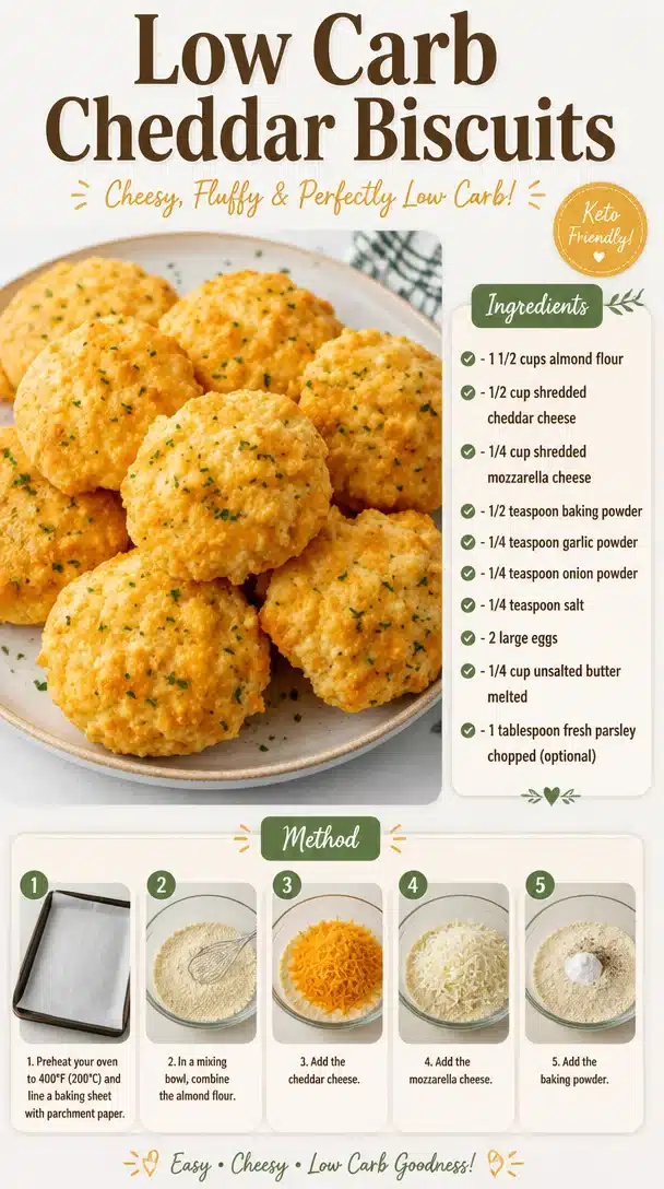 Low carb cheddar biscuits fresh out of the oven, golden and cheesy.