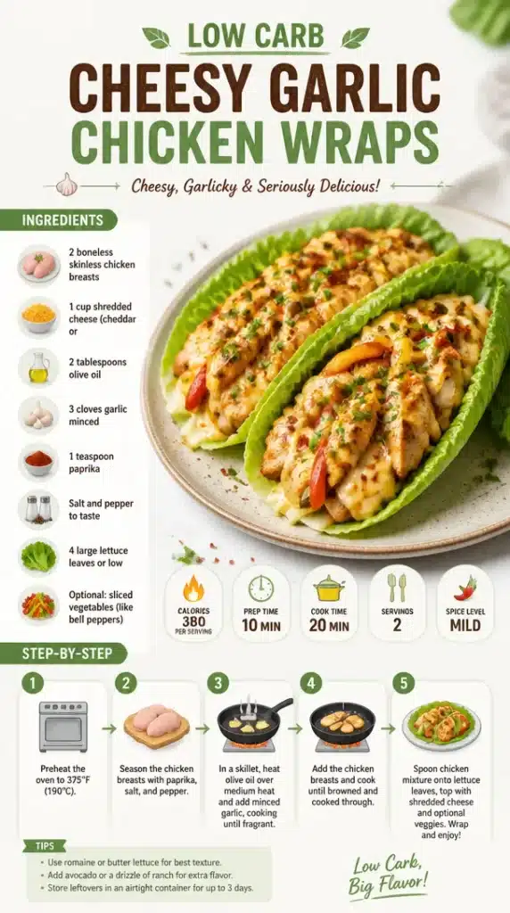 Low Carb Cheesy Garlic Chicken Wraps with melted cheese and garlic