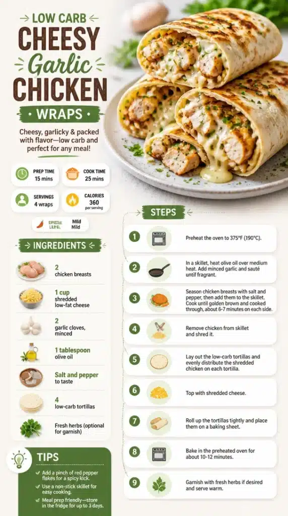 Low carb cheesy garlic chicken wraps with fresh ingredients