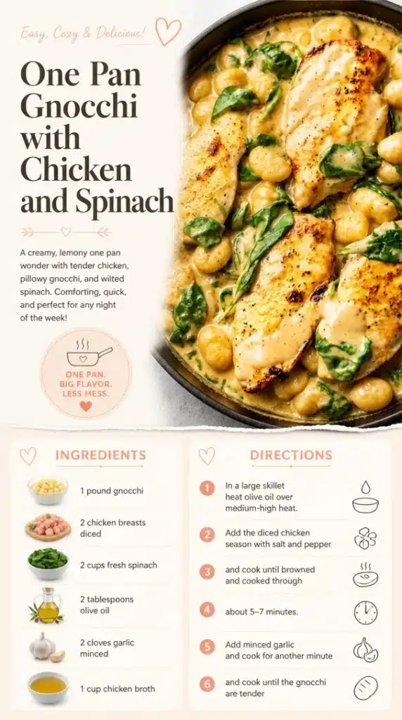 One pan gnocchi with chicken and spinach prepared in a skillet