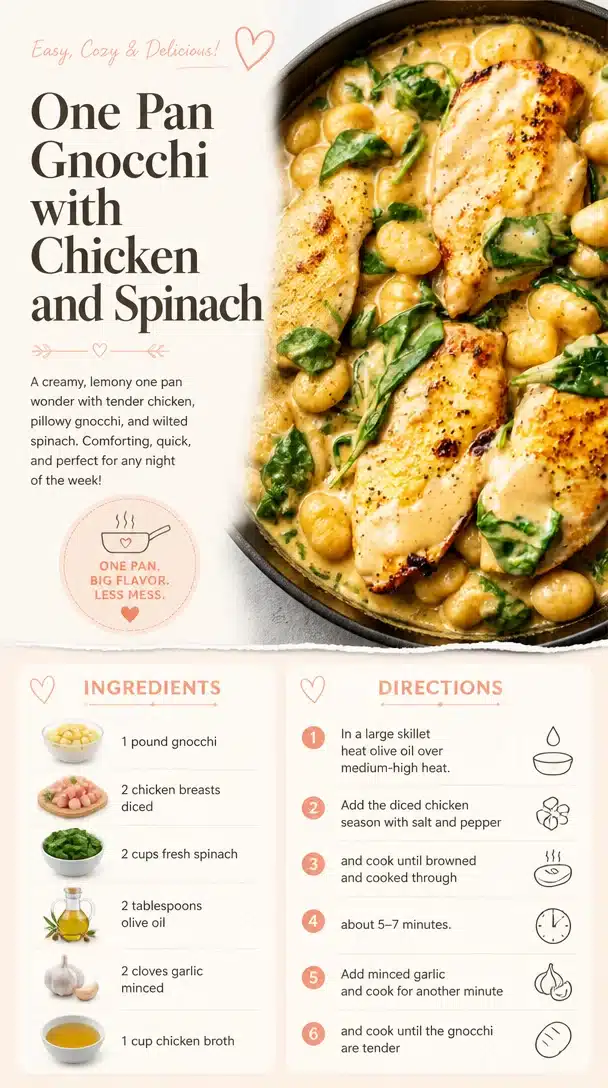 One pan gnocchi with chicken and spinach prepared in a skillet