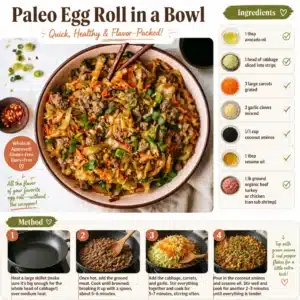 Healthy Paleo Egg Roll Bowl with vegetables and chicken served in a bowl