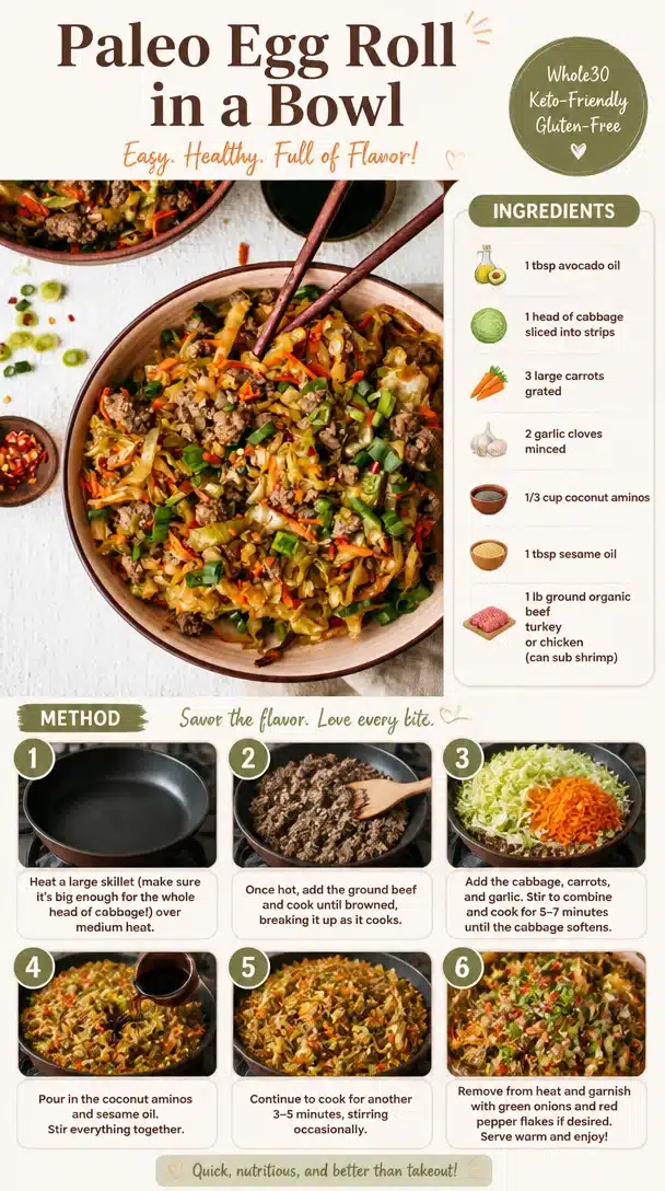 Paleo Egg Roll in a Bowl recipe with fresh vegetables and savory meat