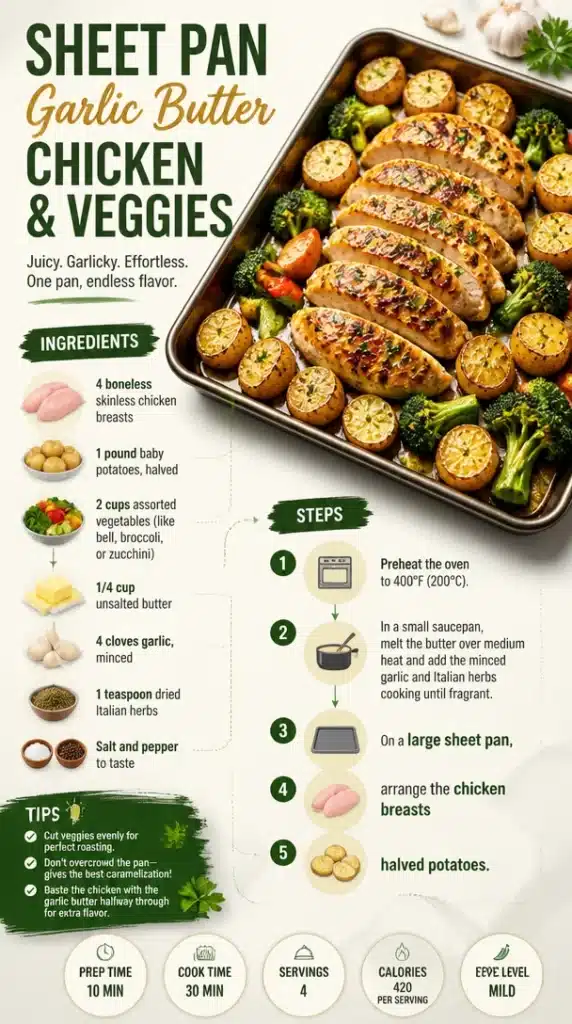 Sheet Pan Garlic Butter Chicken with vegetables ready to serve