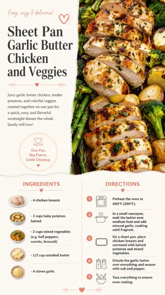 Sheet pan garlic butter chicken with roasted veggies for a delicious meal.