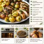 Sheet pan lemon balsamic chicken with roasted potatoes on a baking sheet