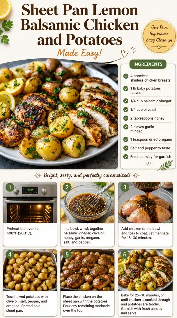 Sheet pan lemon balsamic chicken with roasted potatoes on a baking sheet