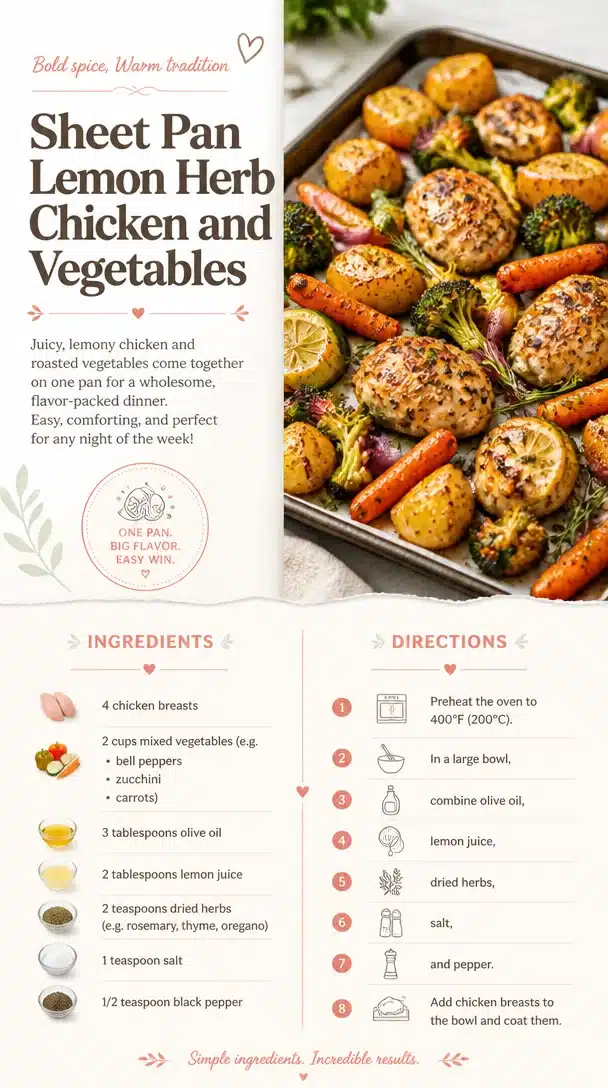 Sheet pan Lemon Herb Chicken with colorful vegetables ready for roasting.