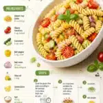 Bowl of colorful gluten free pasta salad with vegetables and dressing