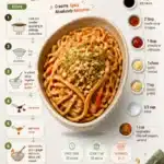 Bowl of spicy peanut butter noodles garnished with cilantro and chili flakes
