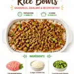 Delicious teriyaki turkey rice bowl topped with fresh vegetables