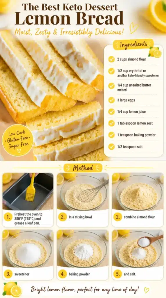 Delicious homemade keto dessert lemon bread slices on a rustic wooden table