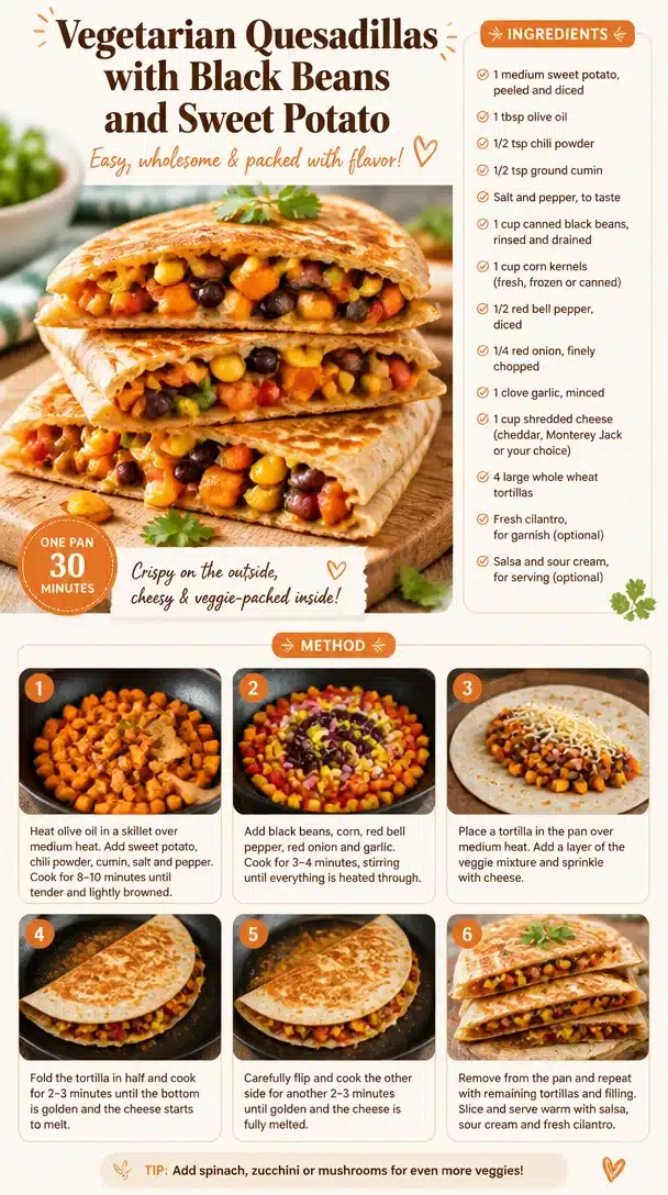 Vegetarian quesadillas with black beans and sweet potato on a plate
