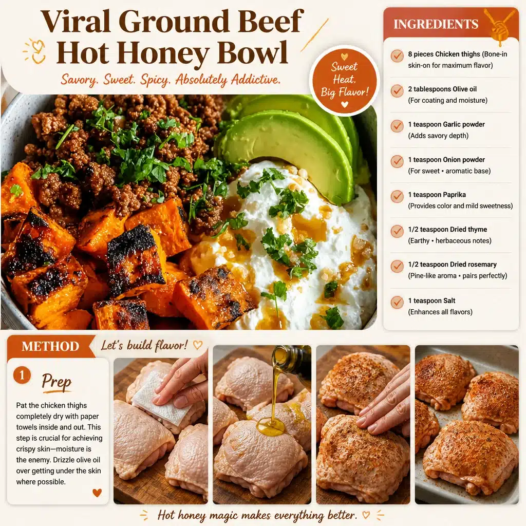 Delicious Ground Beef Hot Honey Bowl drizzled with hot honey and garnished with fresh herbs