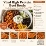 Viral high protein beef bowls garnished with fresh vegetables and herbs