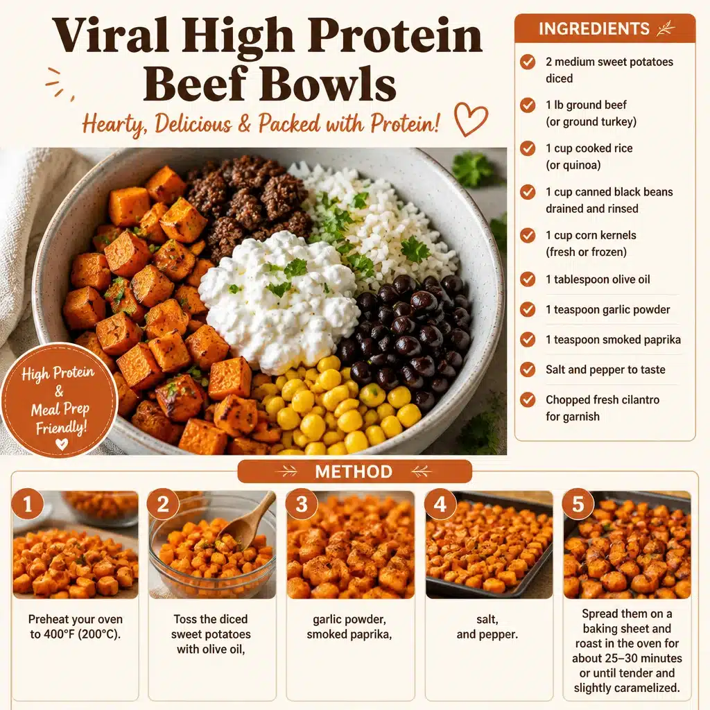 Viral high protein beef bowls garnished with fresh vegetables and herbs