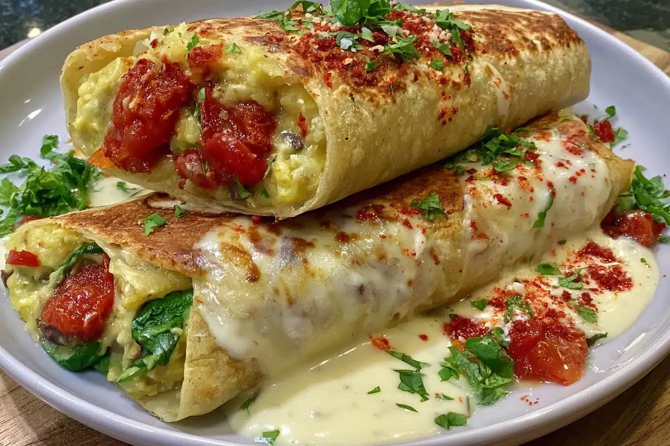 15-minute black bean and spinach burritos on a plate.