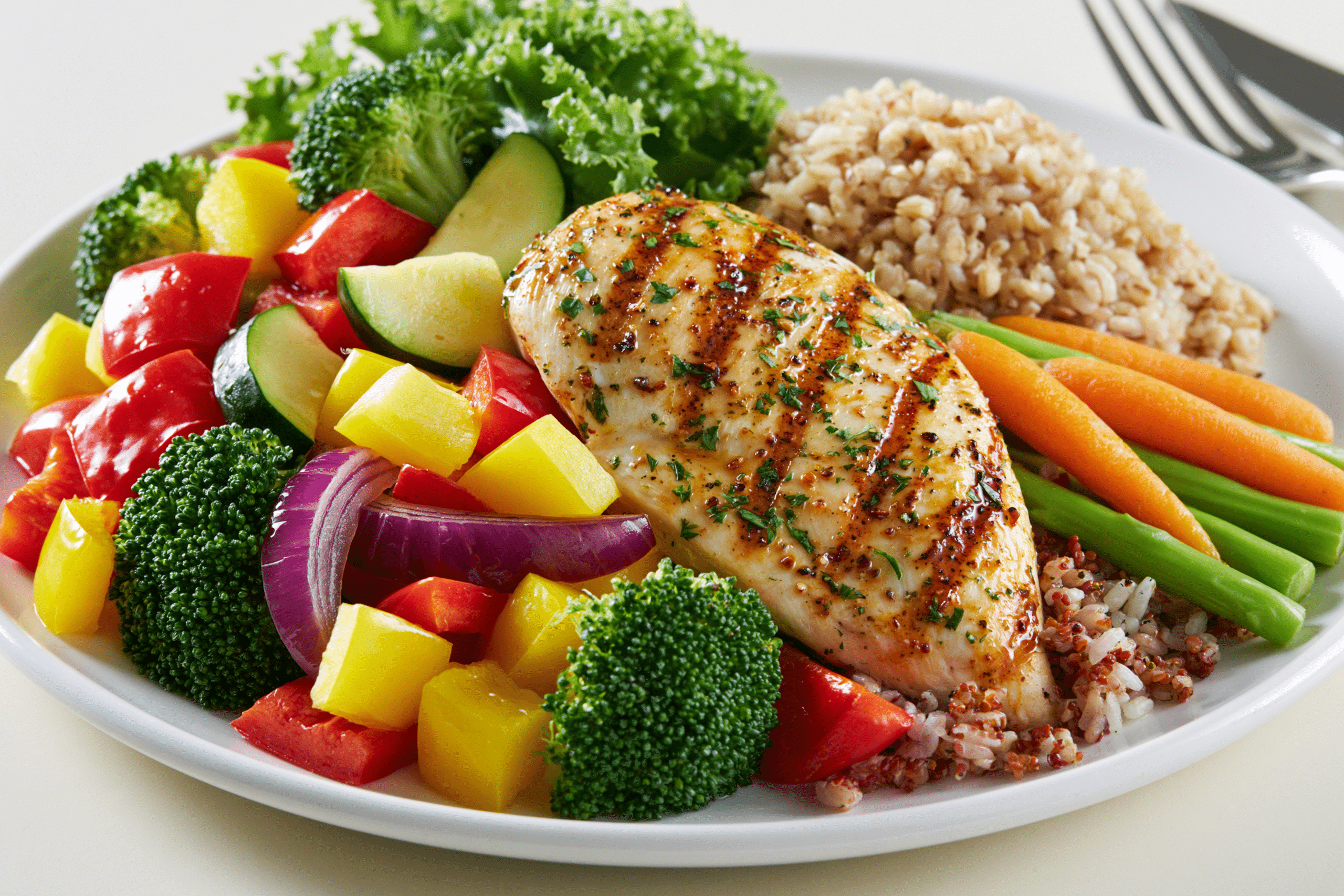 A balanced plate featuring grilled chicken, a large portion of colorful vegetables, and a small serving of whole grains, illustrating low calorie density and high satiety.