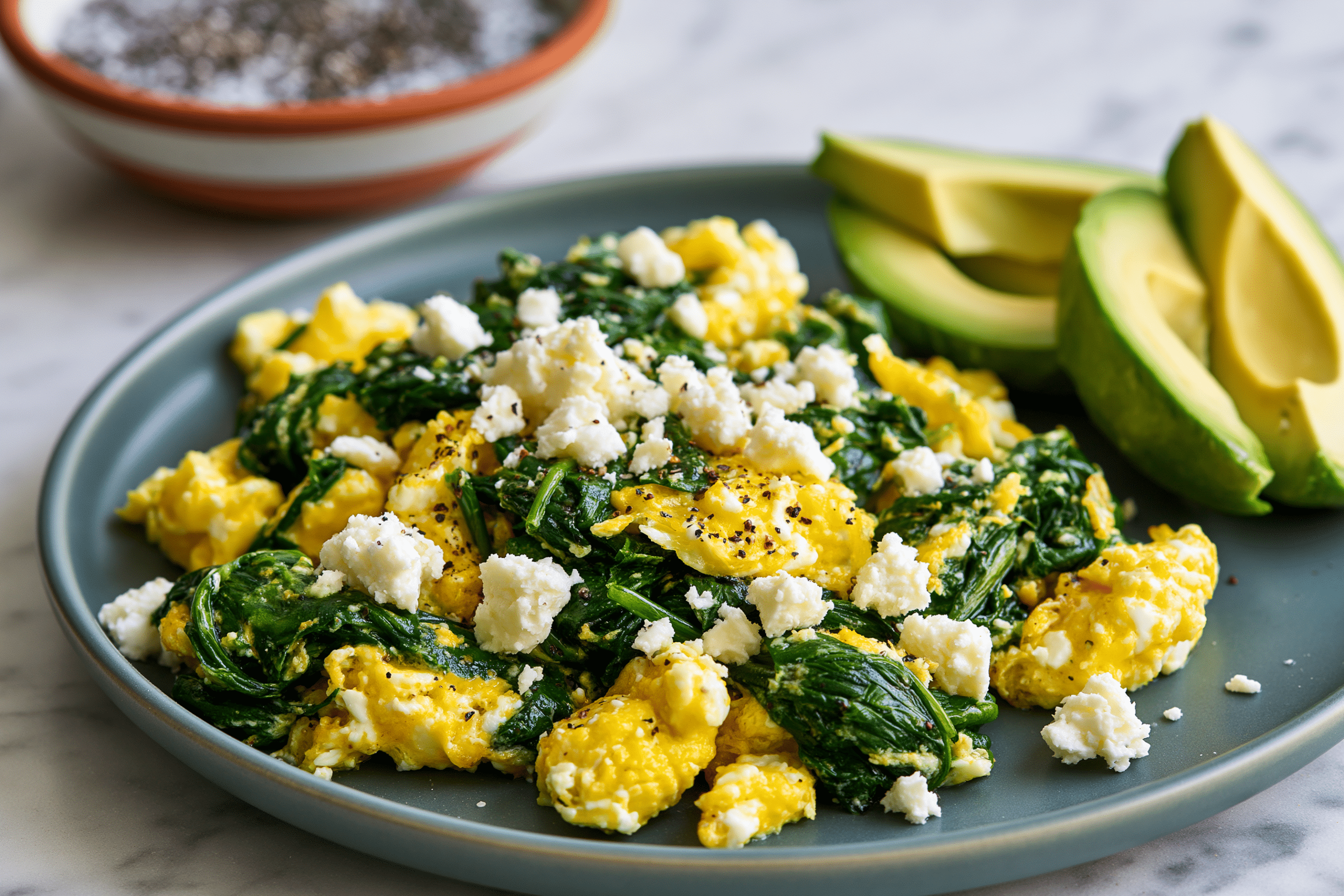 A perfectly plated low-carb breakfast featuring an egg scramble with spinach, feta, and a side of avocado slices, perhaps with a small bowl of chia pudding in the background.