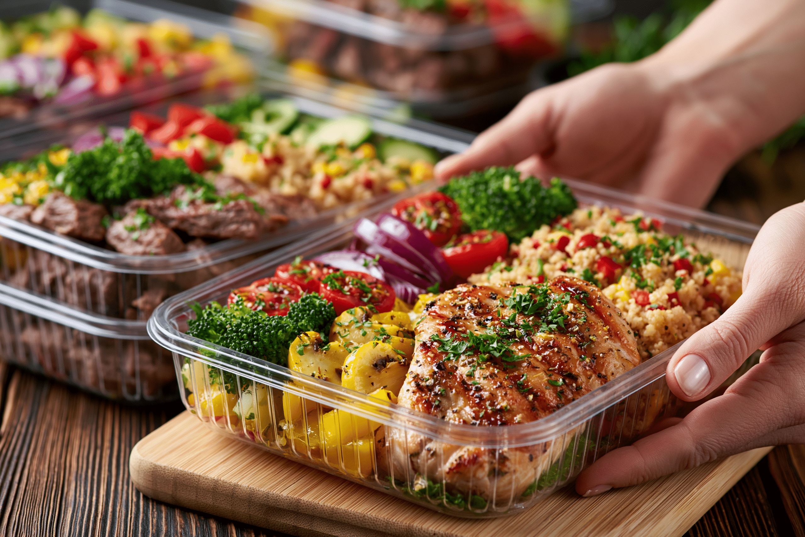 A person happily opening a meal prep container filled with a low-carb meal, with other containers stacked neatly in the background.