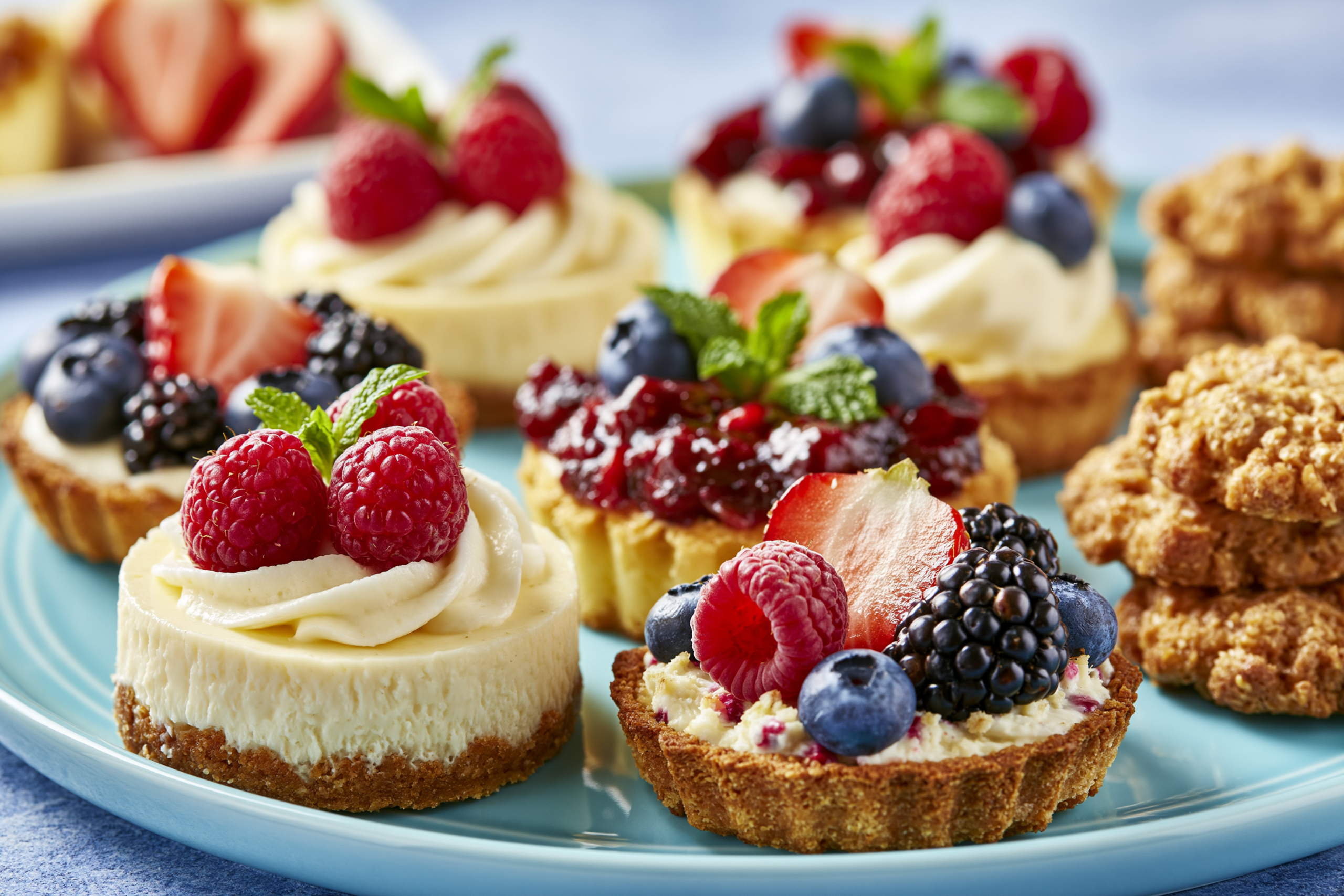 A variety of delicious low-carb desserts and snacks, such as small cheesecakes, berry tarts, and cookies, arranged appealingly on a platter.