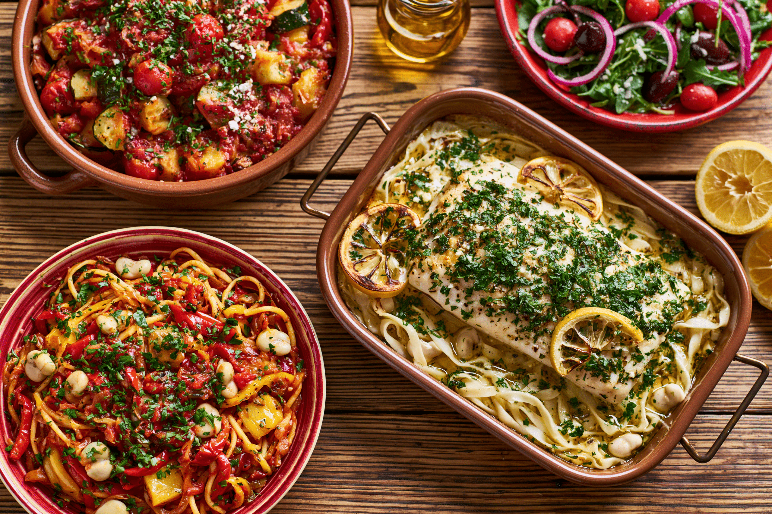A vibrant spread of Mediterranean dishes, including a colorful vegetable pasta, baked cod with lemon and herbs, and a fresh salad, arranged on a rustic wooden table.