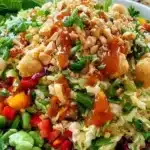 Bowl of Asian Chicken Crunch Salad with fresh vegetables and chicken