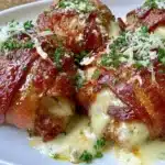 Delicious bacon wrapped garlic parmesan chicken ready to be served