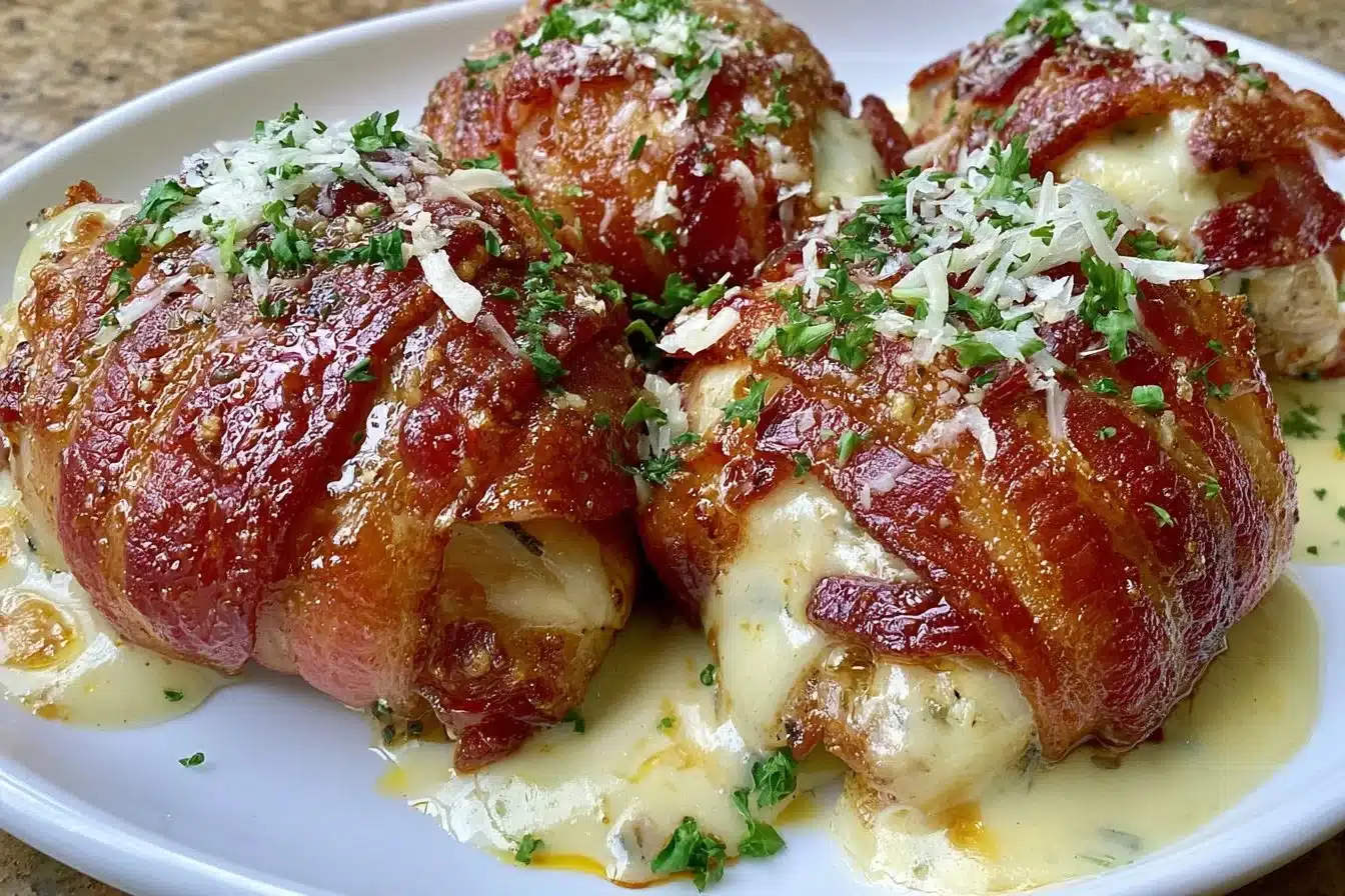 Delicious bacon wrapped garlic parmesan chicken ready to be served