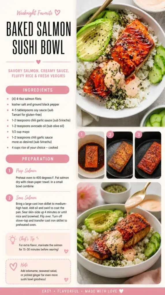 Baked salmon sushi bowl with fresh ingredients and vibrant colors