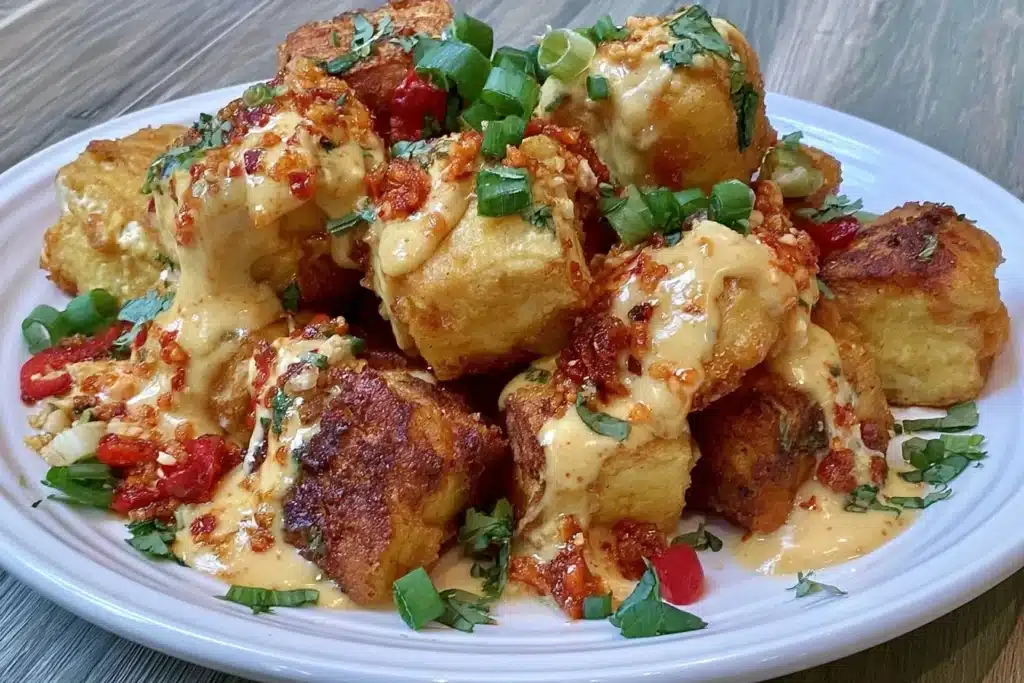 Delicious Bang Bang Tofu served crispy, perfect for air fryer or pan-fried cooking.