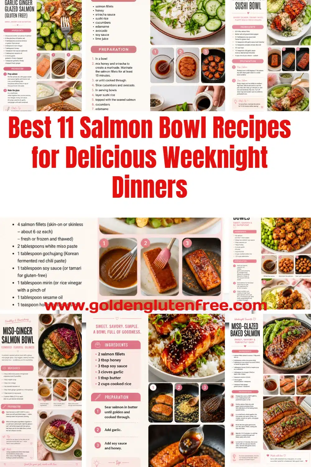 Variety of salmon bowl recipes prepared for easy weeknight dinners.